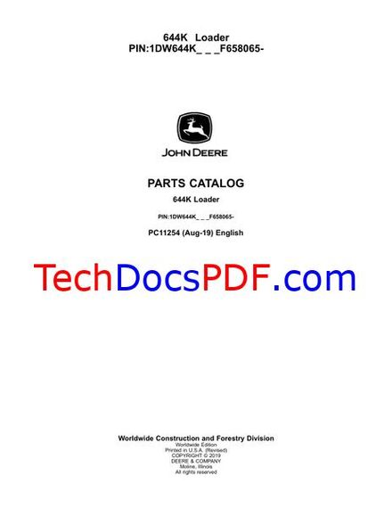 John Deere 644K Loader Engine 6090HDW19, 6090HDW29 Parts Catalog (PC11254)