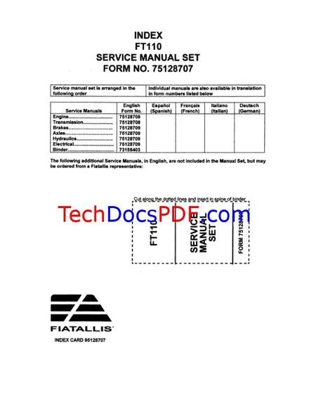 FIATALLIS FT110 TRACTOR FT 110 SERVICE MANUAL (PN 75128707)