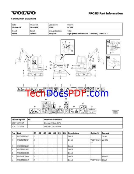 VOLVO EC15E COMPACT EXCAVATOR PARTS CATALOG