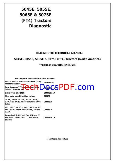 JOHN DEERE 5045E, 5055E, 5065E &amp; 5075E (FT4) TRACTOR NA (DIAGNOSTIC, OPERATION AND TEST) TM901619