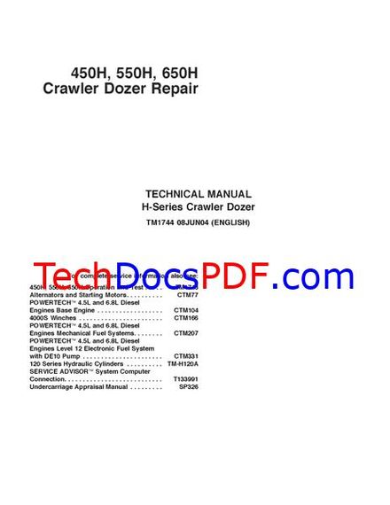 John Deere 450H, 550H, 650H Crawler Dozer Repair Technical Manual (TM1744)