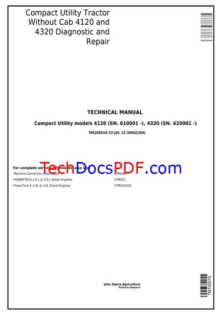 JOHN DEERE 4120 &amp; 4320 COMPACT UTILITY TRACTOR (DIAGNOSTIC AND REPAIR) Service Manual (TM105019)