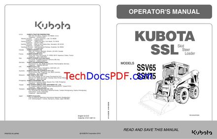 Kubota SSV65 SSV75 Skid Steer Loader EPA Tier 4 Operators Manual (V1311-5811-5)