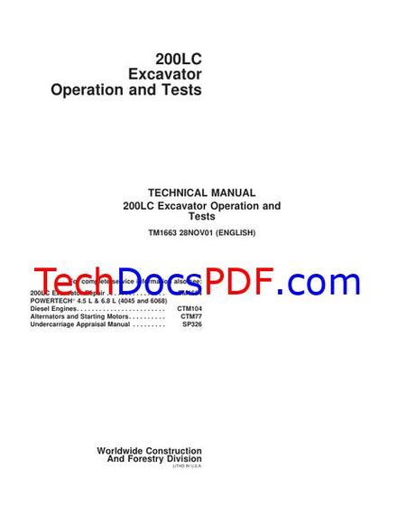 John Deere 200LC Excavator Operation and Tests Technical Manual (TM1663)