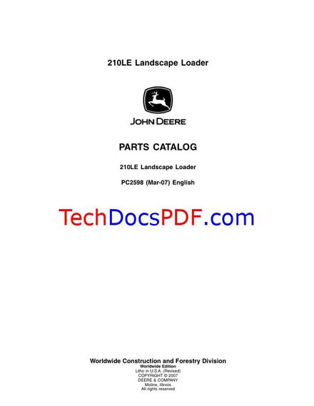 John Deere 210LE Loader Parts Catalog (PN PC2598)
