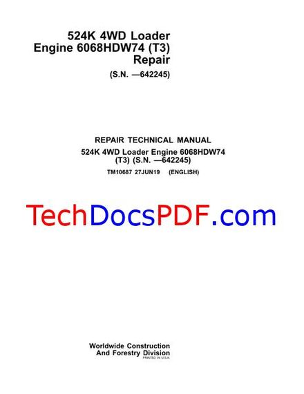 John Deere 524K 4WD Loader Repair Technical Manual (TM10687)