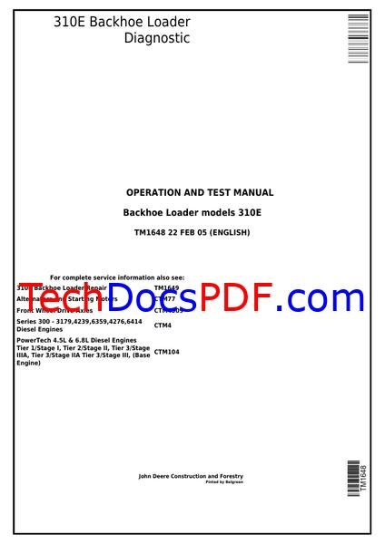 John Deere 310E Backhoe Loader Diagnostic Operation and Test Manual (TM1648)