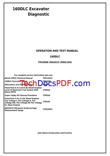 John Deere 160DLC Excavator Service Manual (Diagnostic, Operation, Test) TM10088
