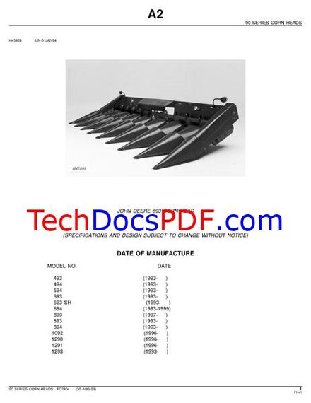 John Deere 893 Corn Head Parts Manual (PC2404)