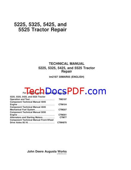 JOHN DEERE 5225, 5325, 5425, AND 5525 TRACTORS (REPAIR) Service Manual (TM2187)
