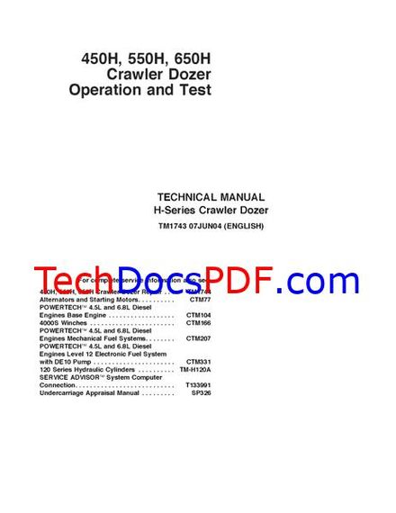 John Deere 450H, 550H, 650H Crawler Dozer Operation and Test Technical Manual (TM1743)