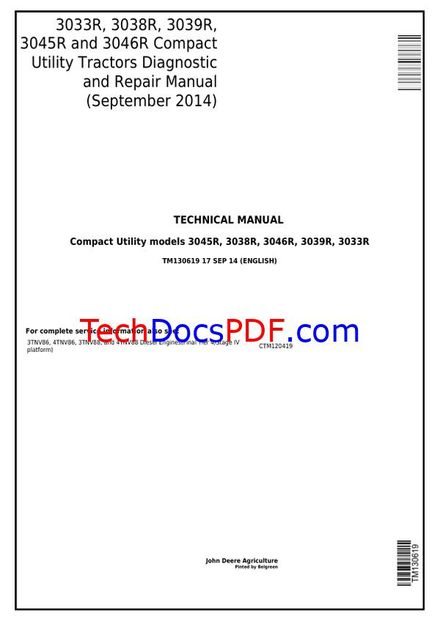 John Deere 3033R-3046R Compact Tractors Diagnostic &amp; Repair Manual (TM130619)