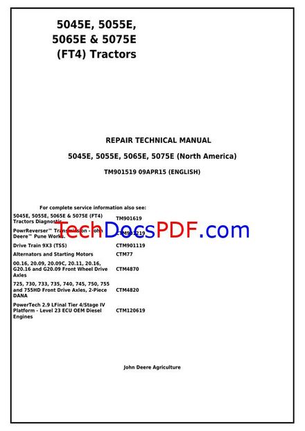 JOHN DEERE 5045E, 5055E, 5065E &amp; 5075E FT4 NORTH AMERICA TRACTORS (TM901519) SERVICE MANUAL