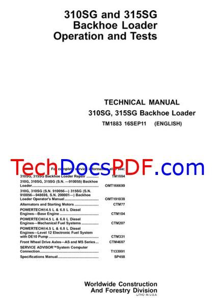 John Deere 310SG and 315SG Backhoe Loaders Operation and Tests Technical Manual (TM1883)