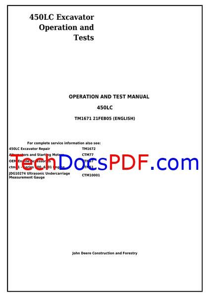 John Deere 450LC Excavator Operation and Test Manual (TM1671)