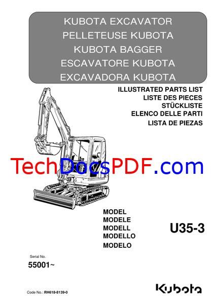Kubota U35-3 EXCAVATOR (Serial No. 55001-) Parts Catalog (RH618-8139-0)