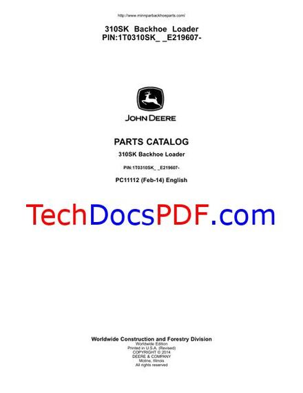 John Deere 310SK Backhoe Loader Parts Catalog (PC11112 Feb-14)
