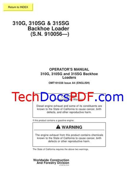John Deere 310G, 310SG and 315SG Backhoe Loaders Operators Manual (OMT191038)