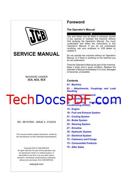 JCB 3CX, 4CX, 5CX Backhoe Loader Service Manual (9813/7000-2)