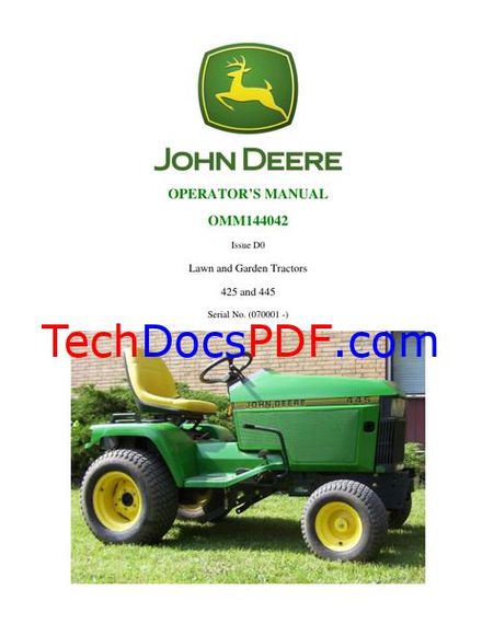John Deere 425 and 445 Lawn and Garden Tractors Operators Manual (OMM144042)