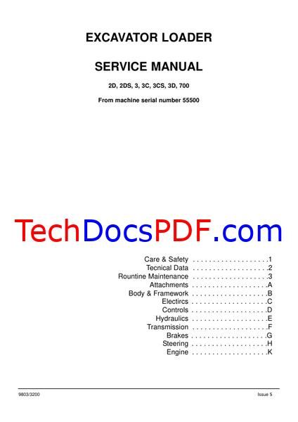 JCB 2D, 2DS, 3, 3C, 3CS, 3D, 700 Excavator Loader SN. from 55500 Service Manual (9803/3200 Issue 5)