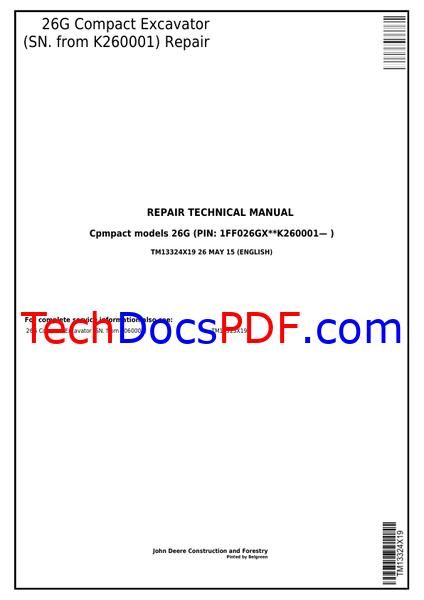 John Deere 26G Compact Excavator Repair Technical Manual (TM13324X19)