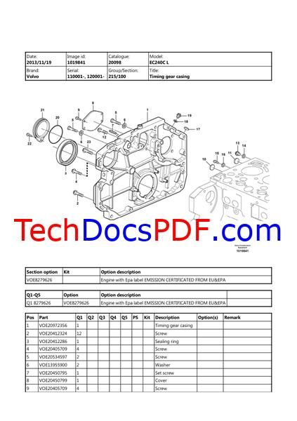 Volvo EC240C L/LD/LR/NL Excavator Parts Catalog (SN 110001 &amp; up, 120001 &amp; up)