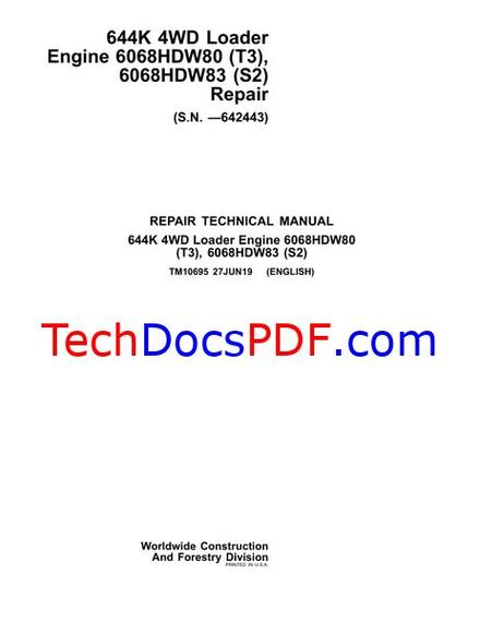 John Deere 644K Loader Engine 6068HDW80/83 Repair Manual PDF
