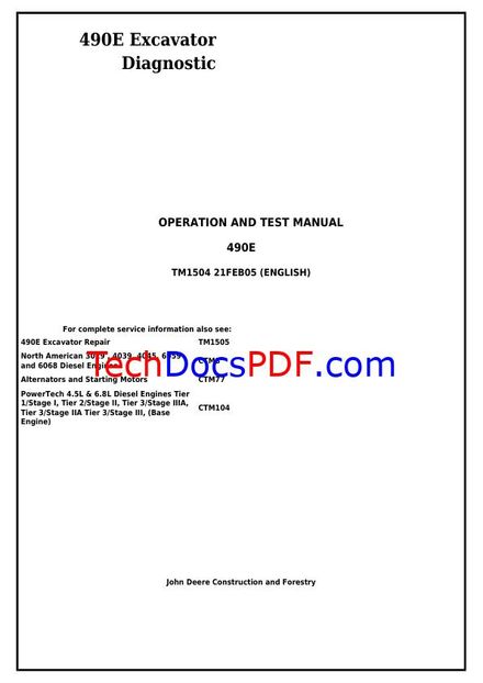 John Deere 490E Excavator  Diagnostic, Operation, Test Technical Manual TM1504