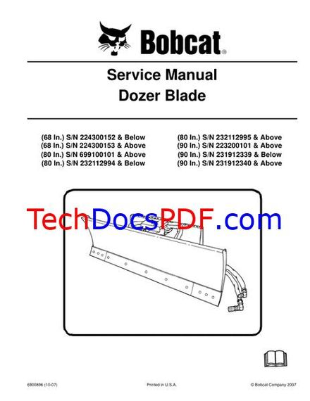 Bobcat Dozer Blade 68 In. 80 In. 90 In. Service Manual (6900896)