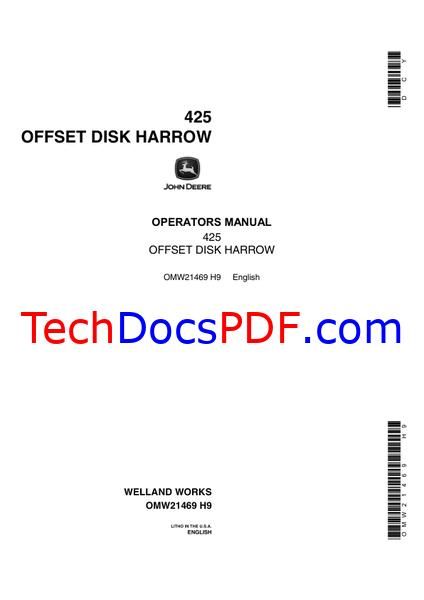 John Deere 425 OFFSET DISK HARROW Operators Manual (OMW21469)