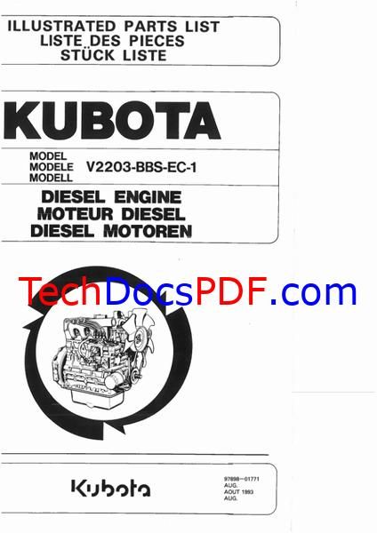 Kubota V2203-BBS-EC-1 Diesel Engine Parts Catalog (97898-01771)