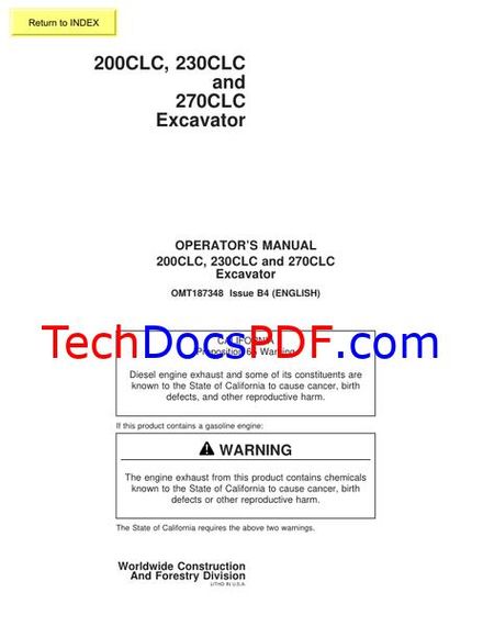 John Deere 200CLC, 230CLC and 270CLC Excavator Operators Manual (OMT187348)