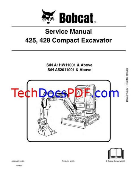 Bobcat 425, 428 Compact Excavator Service Manual (6904866EN 2009)