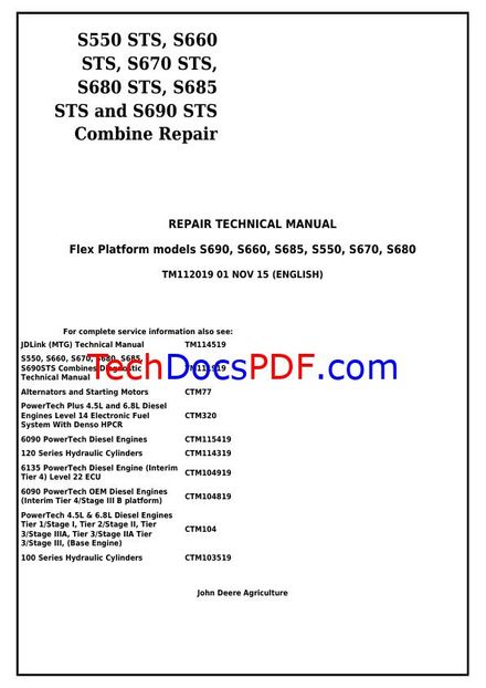John Deere S550, S660, S670, S680, S685, S690 STS Combine Repair Manual (TM112019)