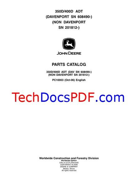 John Deere 350D @ 400D Articulated Dump Truck Parts Catalog (PC10003)