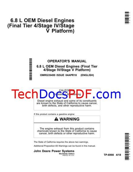 John Deere 6.8 L OEM Diesel Engines Operators Manual (OMRG39499)