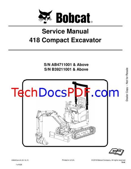 Bobcat 418 Compact Excavator Service Manual (6986853enUS 2018)