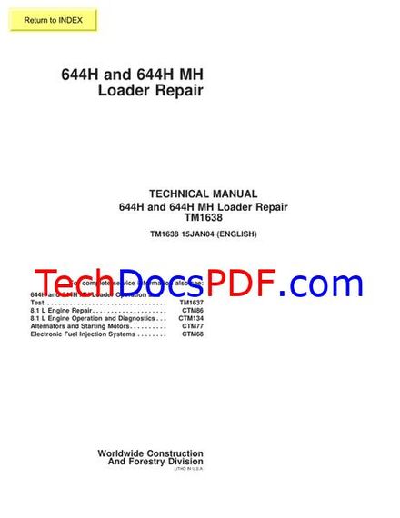 John Deere 644H and 644H MH Loader Repair Technical Manual (TM1638 15JAN04)