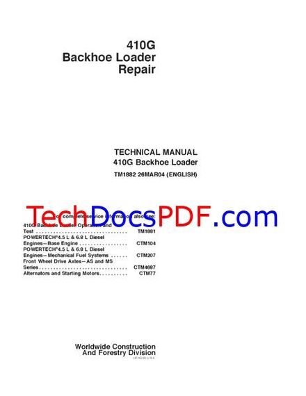 John Deere 410G Backhoe Loader Repair Technical Manual (TM1882)