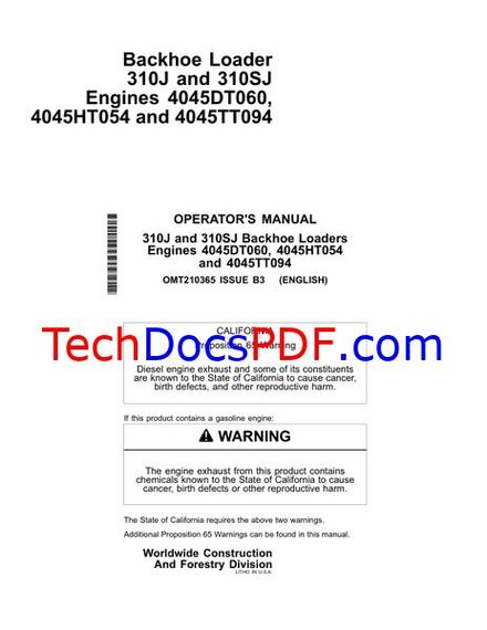 John Deere 310J and 310SJ Backhoe Loader Operators Manual (OMT210365 Issue B3)