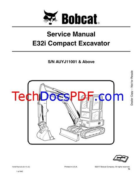 Bobcat E32i Compact Excavator Service Manual (7243979enUS)