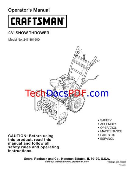 CRAFTSMAN 28 SNOW THROWER MODEL NO. 247.881900 OWNERS MANUAL (PN 769-01909D)