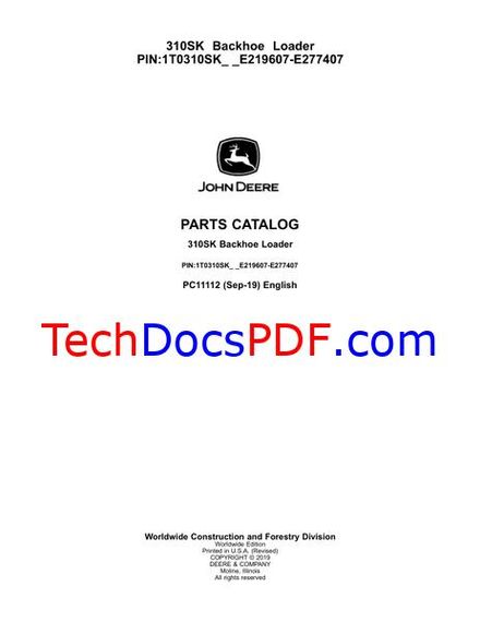 John Deere 310SK Backhoe Loader Parts Catalog (PC11112 Sep-19)