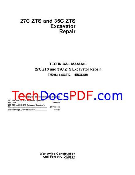 John Deere 27C ZTS and 35C ZTS Excavator Repair Technical Manual (TM2053)