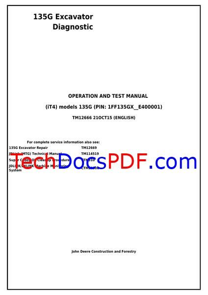 John Deere 135G Excavator Diagnostic Operation and Test Manual (TM12666)