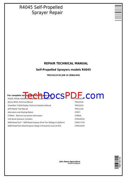 John Deere R4045 Self-Propelled Sprayer Repair Manual (TM116119)