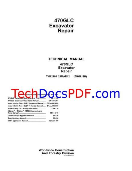John Deere 470GLC Excavator Repair Technical Manual (TM12180)