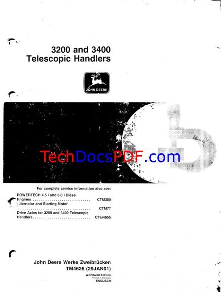 John Deere 3200 and 3400 Telescopic Handler Technical Manual (TM4626)