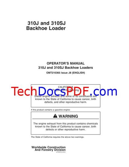 John Deere 310J and 310SJ Backhoe Loader Operators Manual (OMT210365 Issue J8)
